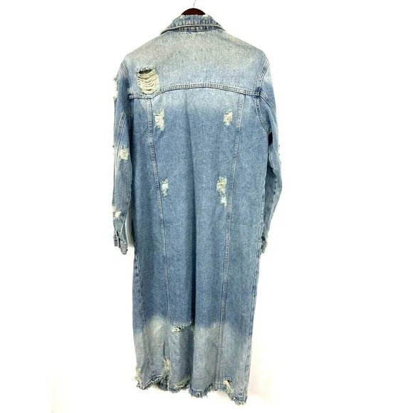 Mustard Seed Women L Destructed Denim Blue Jacket Long Jean Button Up Biker R4 - Picture 4 of 12